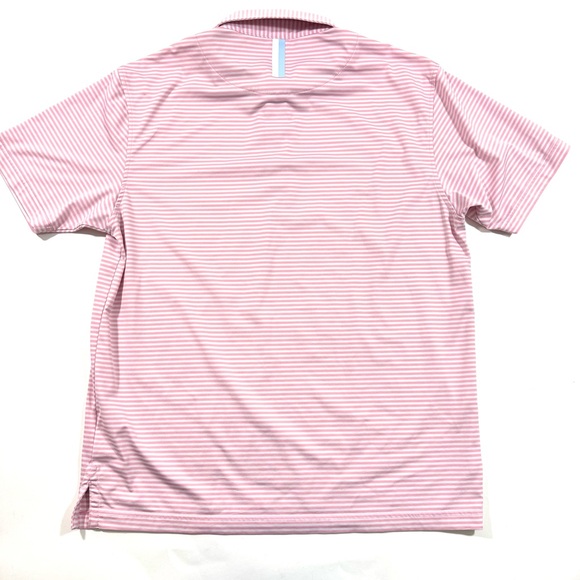 Rhoback Mens Performance Polo Shirt Pink White Wide Stripe - Picture 2 of 7